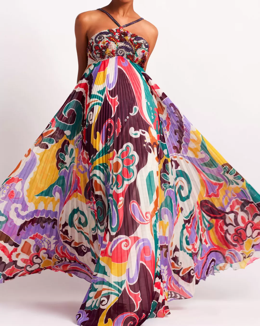 PatBO Beaded Daydreamer Pleated Gown (FINAL SALE) Multi New