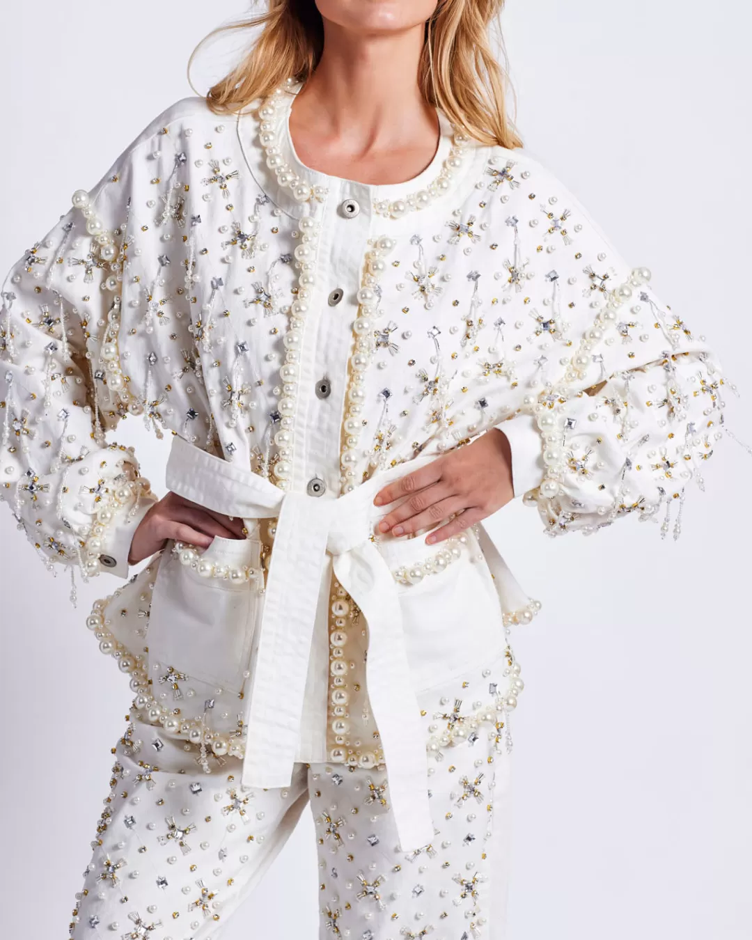 PatBO Beaded Denim Jacket White Best Sale