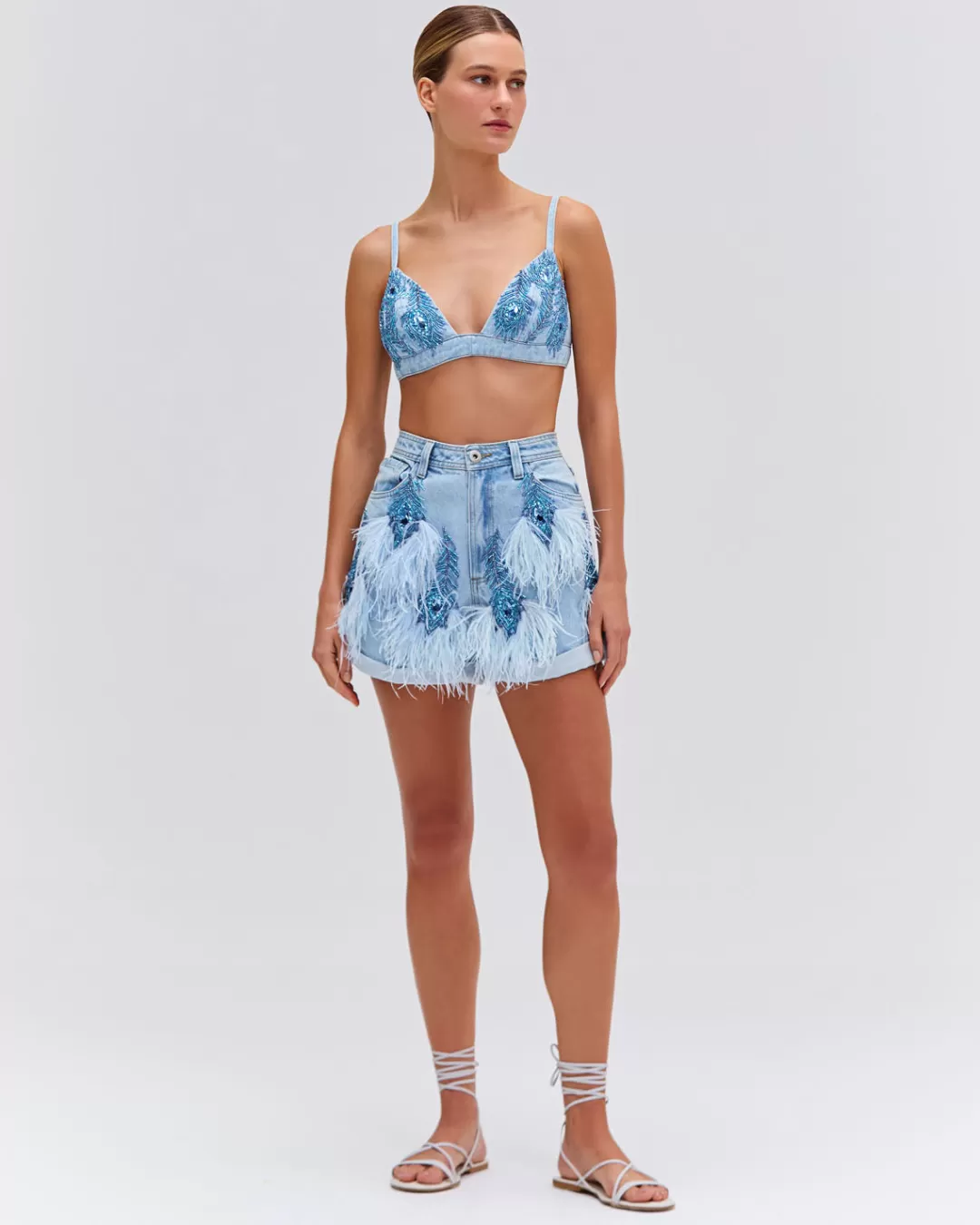 PatBO Beaded Feather Shorts (EXCLUSIVE) Denim Outlet