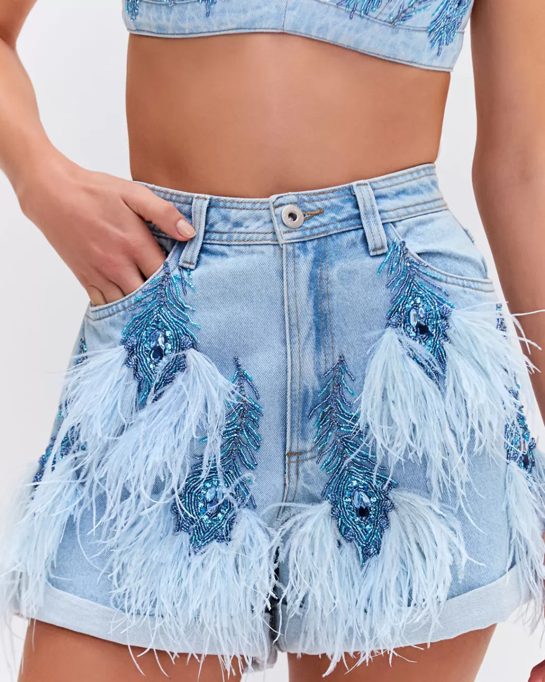 PatBO Beaded Feather Shorts (EXCLUSIVE) Denim Outlet