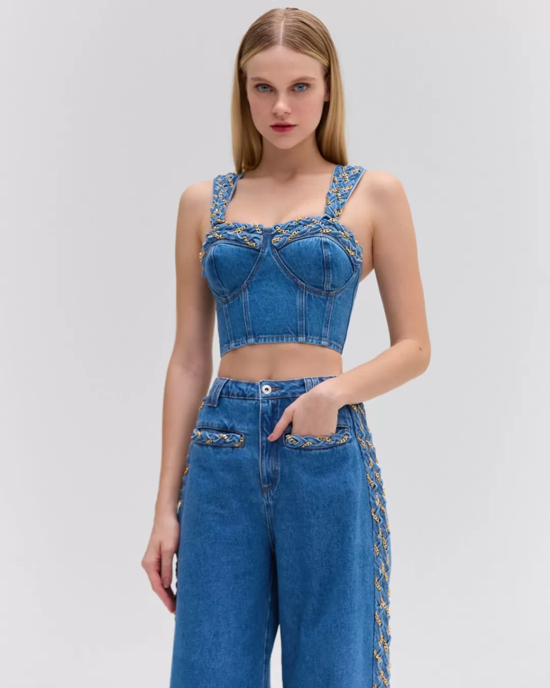PatBO Braided Cropped Top Denim Outlet