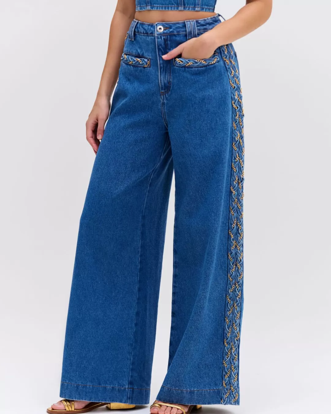 PatBO Braided Wide Leg Jeans Denim Clearance