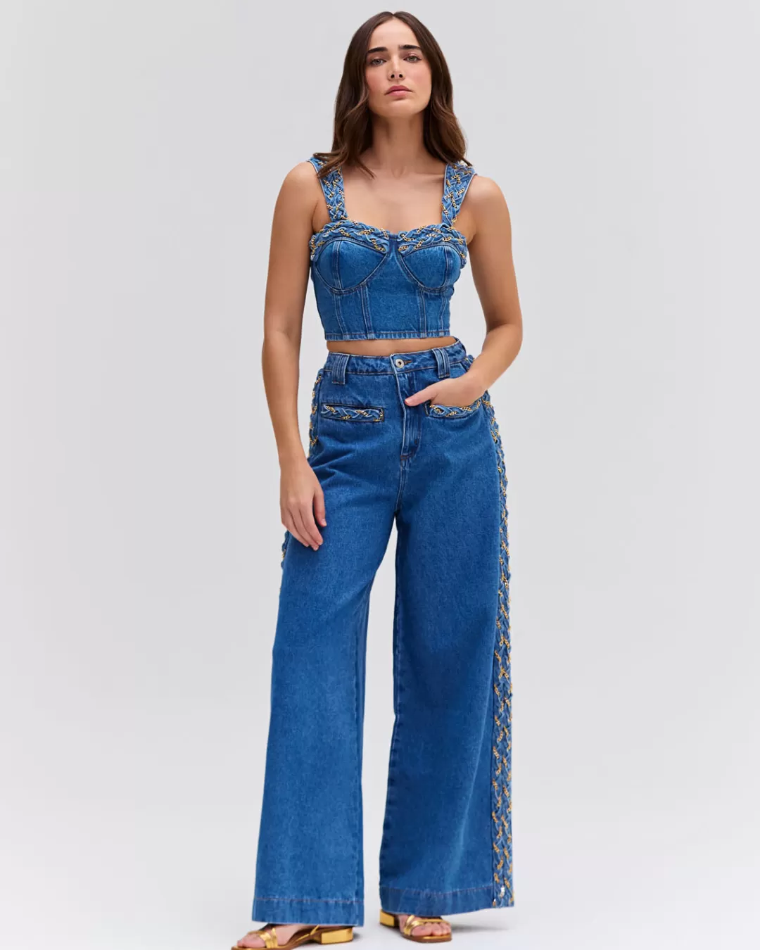 PatBO Braided Wide Leg Jeans Denim Clearance
