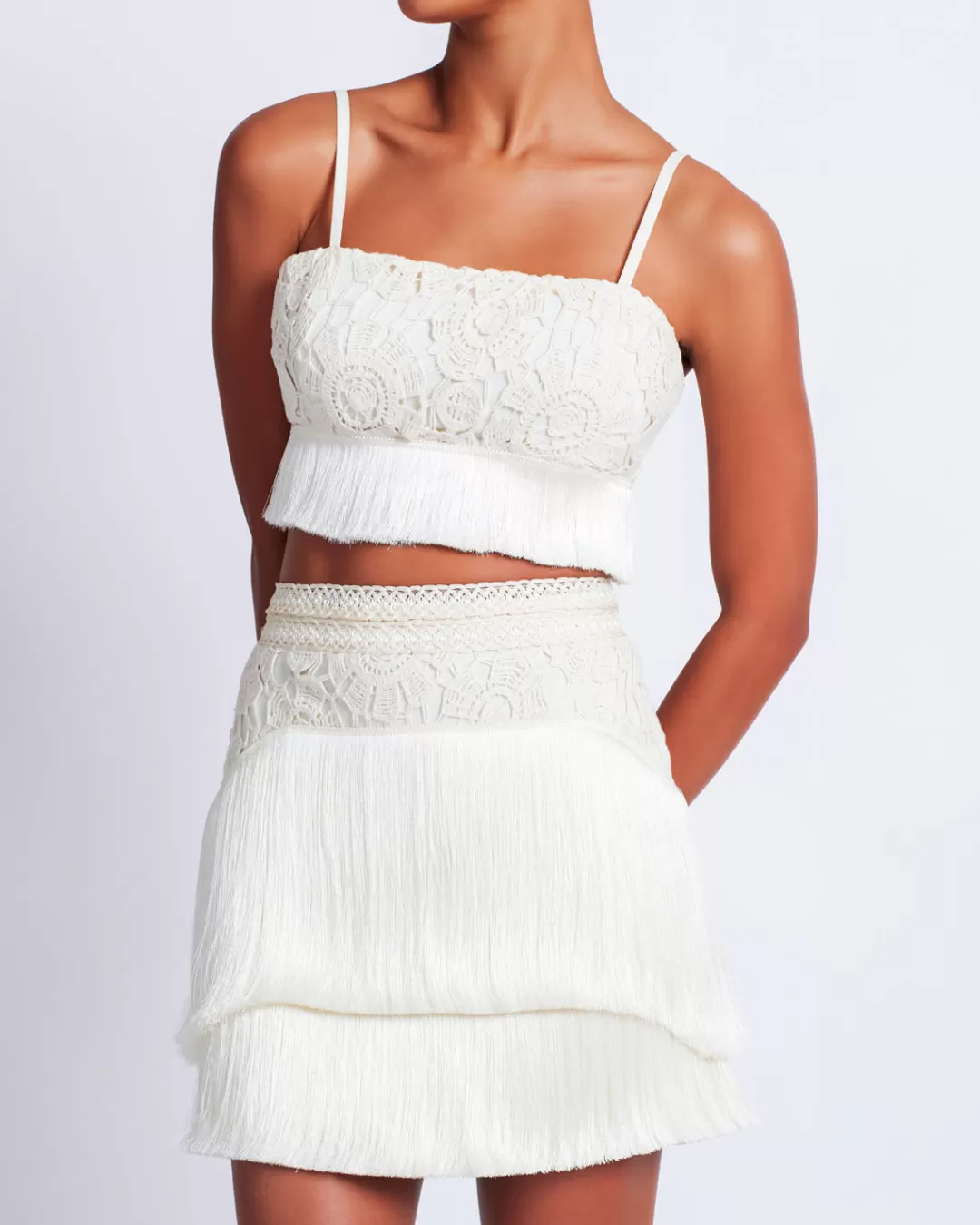 PatBO Crochet Fringe Mini Skirt Wheat Hot