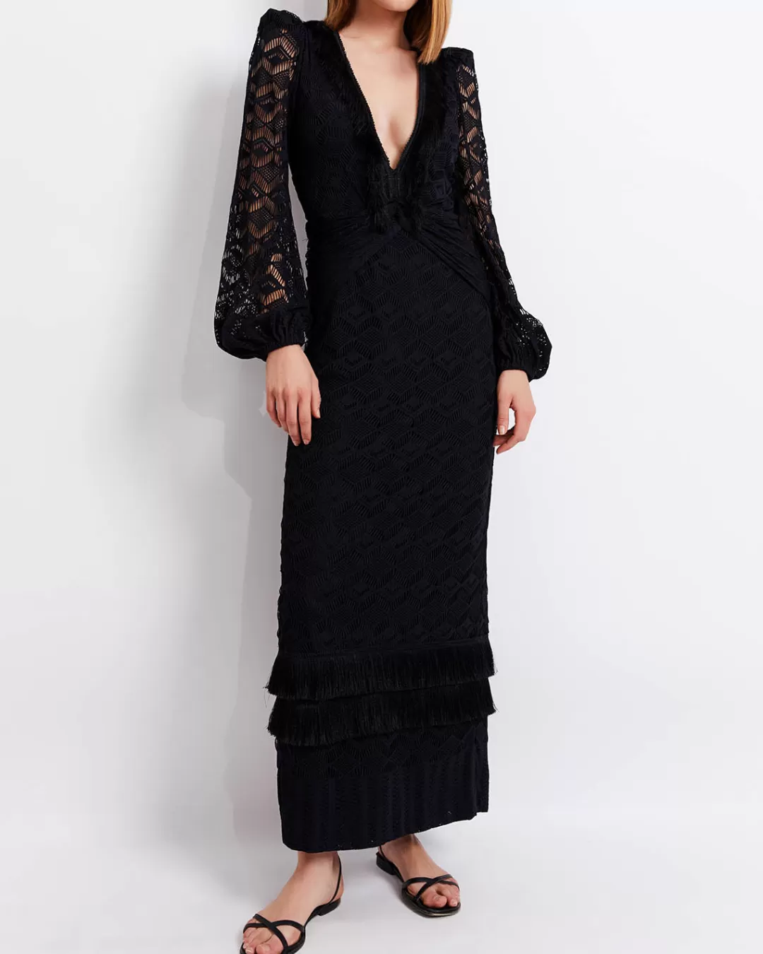 PatBO Crochet Plunge Fringe Trim Maxi Black Outlet