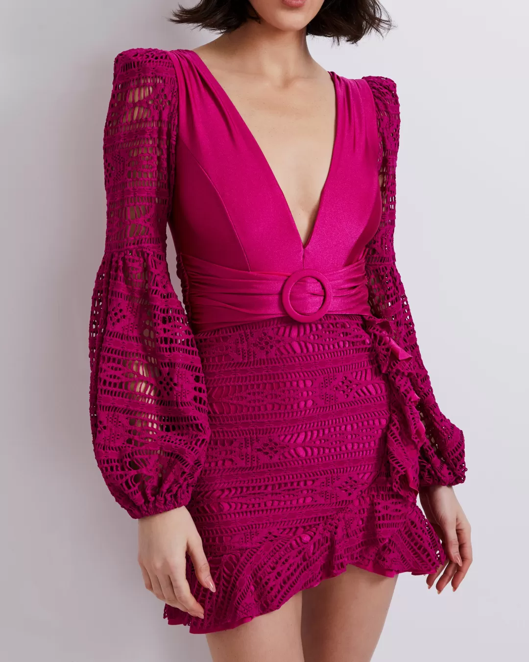 PatBO Crochet Plunge Mini Dress (FINAL SALE) Magenta Hot
