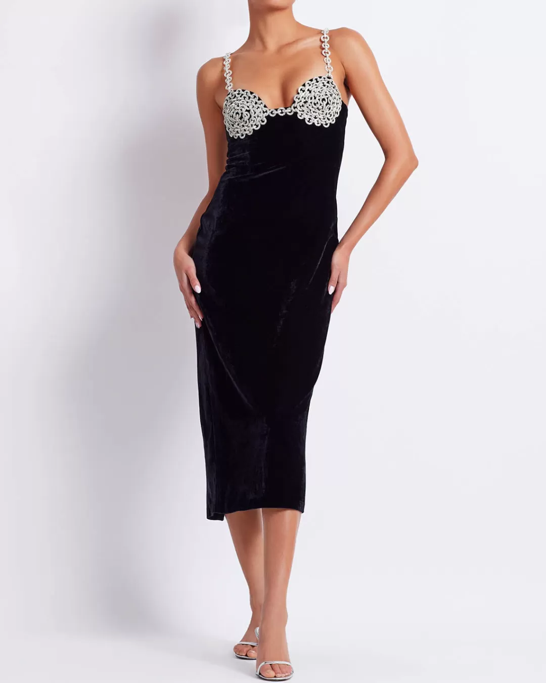 PatBO Crystal Chain Velvet Midi Dress (FINAL SALE) Black Clearance
