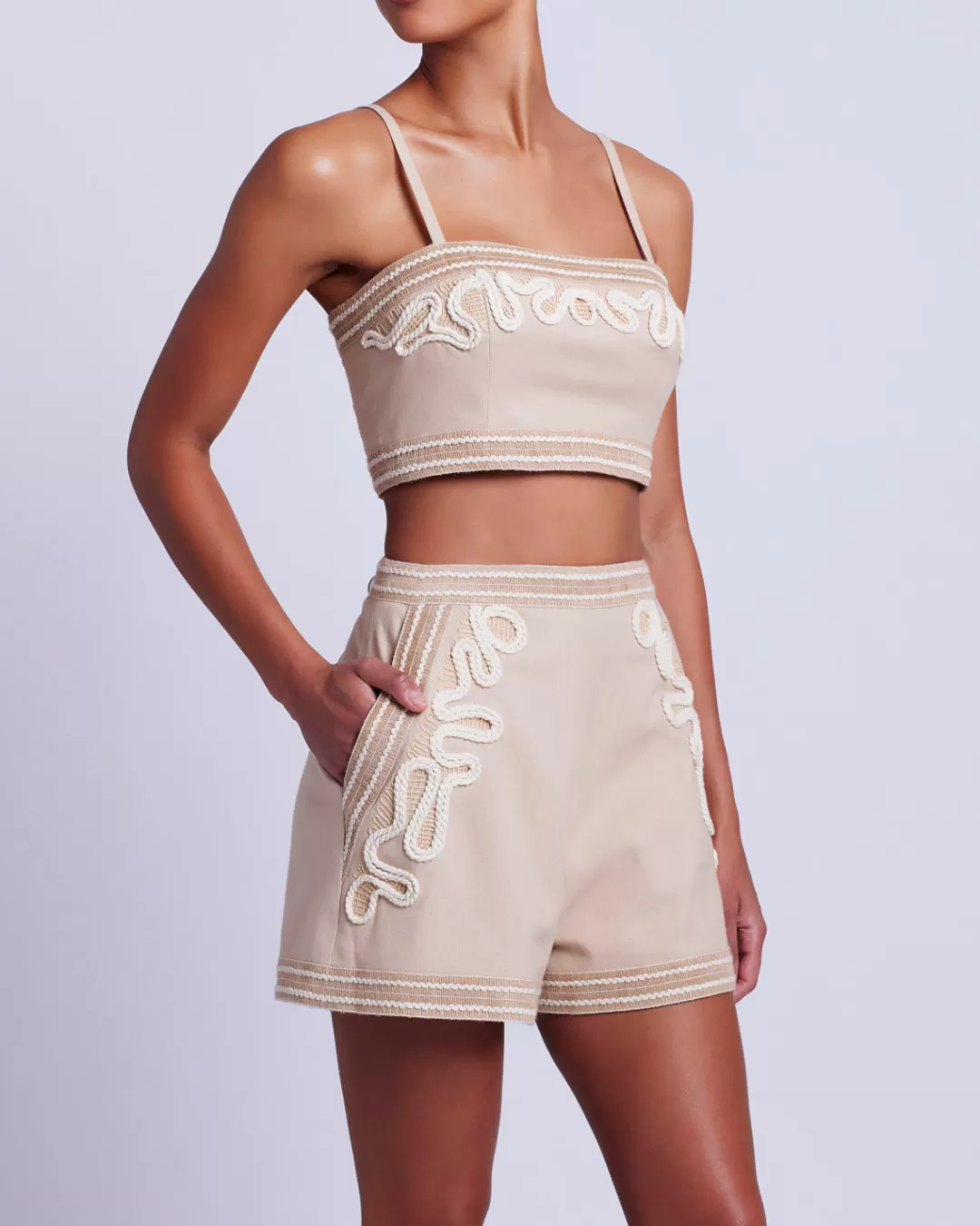 PatBO Embroidered Linen Top Sand Cheap