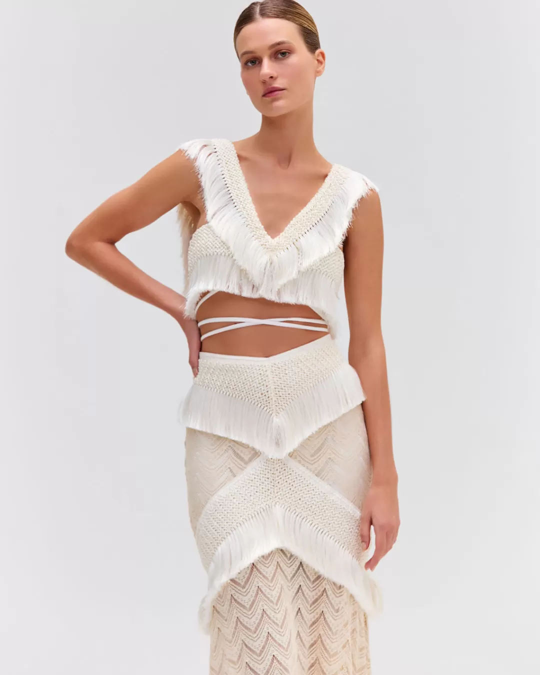 PatBO Fringe Trim Cropped Top Bone Flash Sale