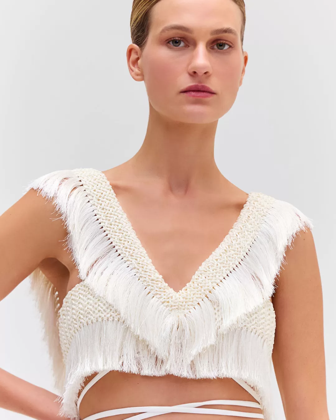 PatBO Fringe Trim Cropped Top Bone Flash Sale