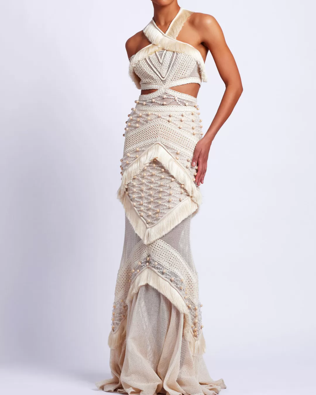 PatBO Fringe Trim Halterneck Maxi Dress (RUNWAY) Wheat Best Sale
