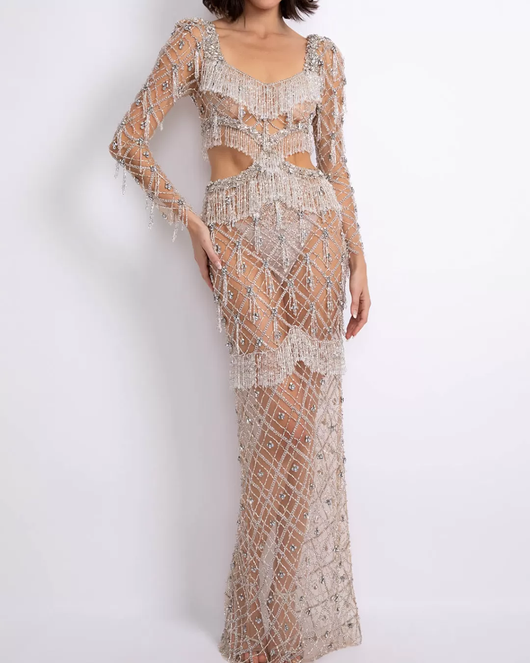 PatBO Fully Beaded Long Sleeve Gown (RUNWAY) Silver Outlet
