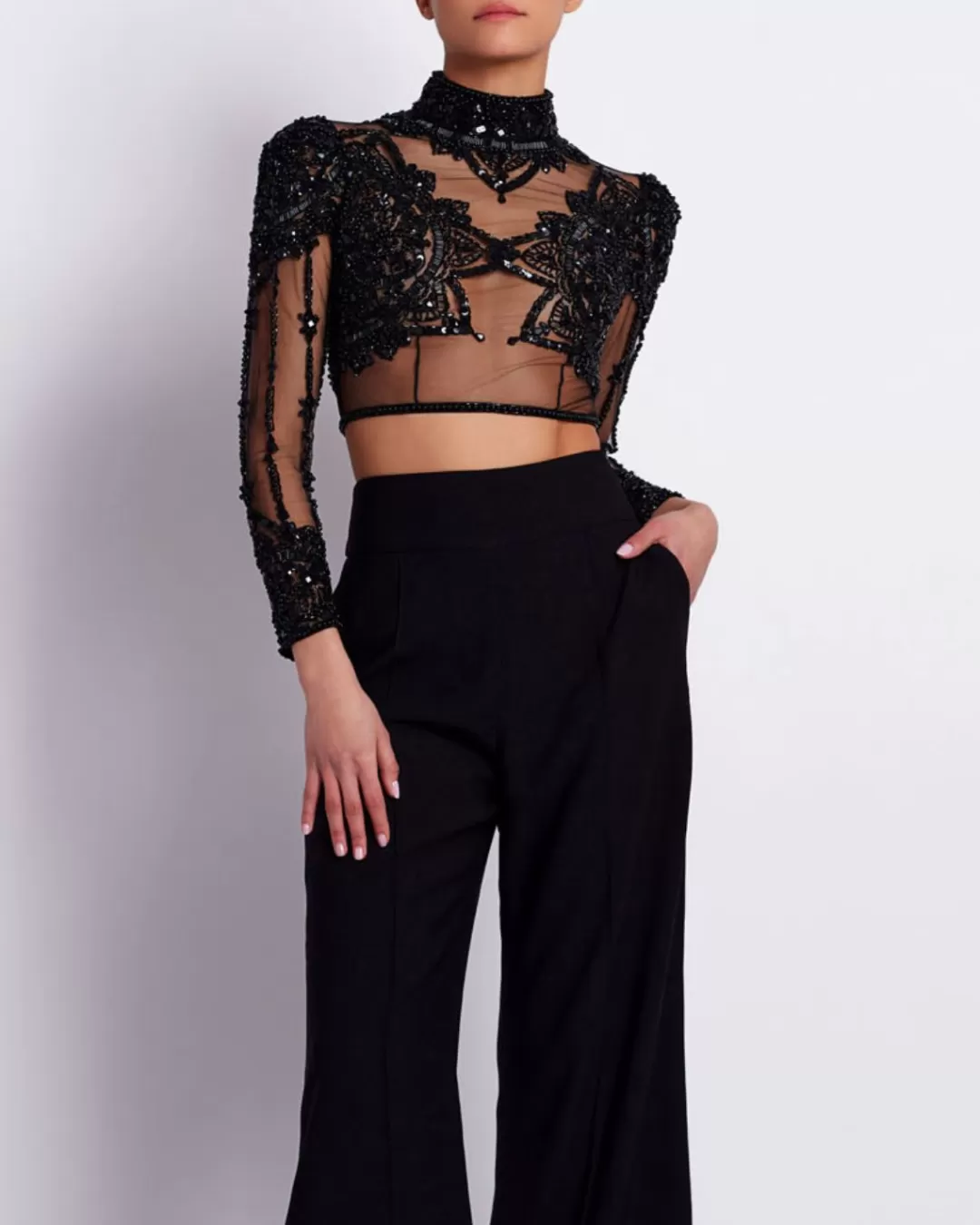 PatBO HAND BEADED TULLE CROPPED TOP (EXCLUSIVE) Black Outlet