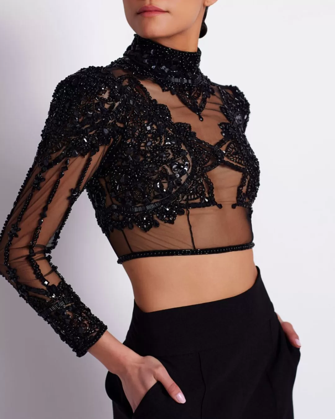 PatBO HAND BEADED TULLE CROPPED TOP (EXCLUSIVE) Black Outlet