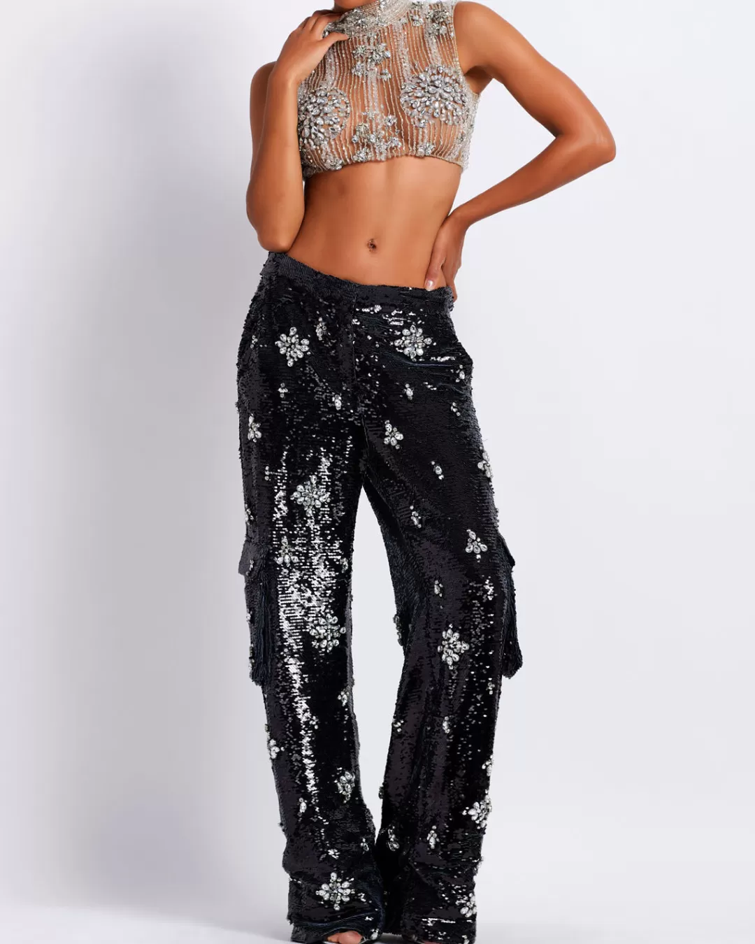 PatBO HAND-BEADED CROPPED TOP Silver Best Sale