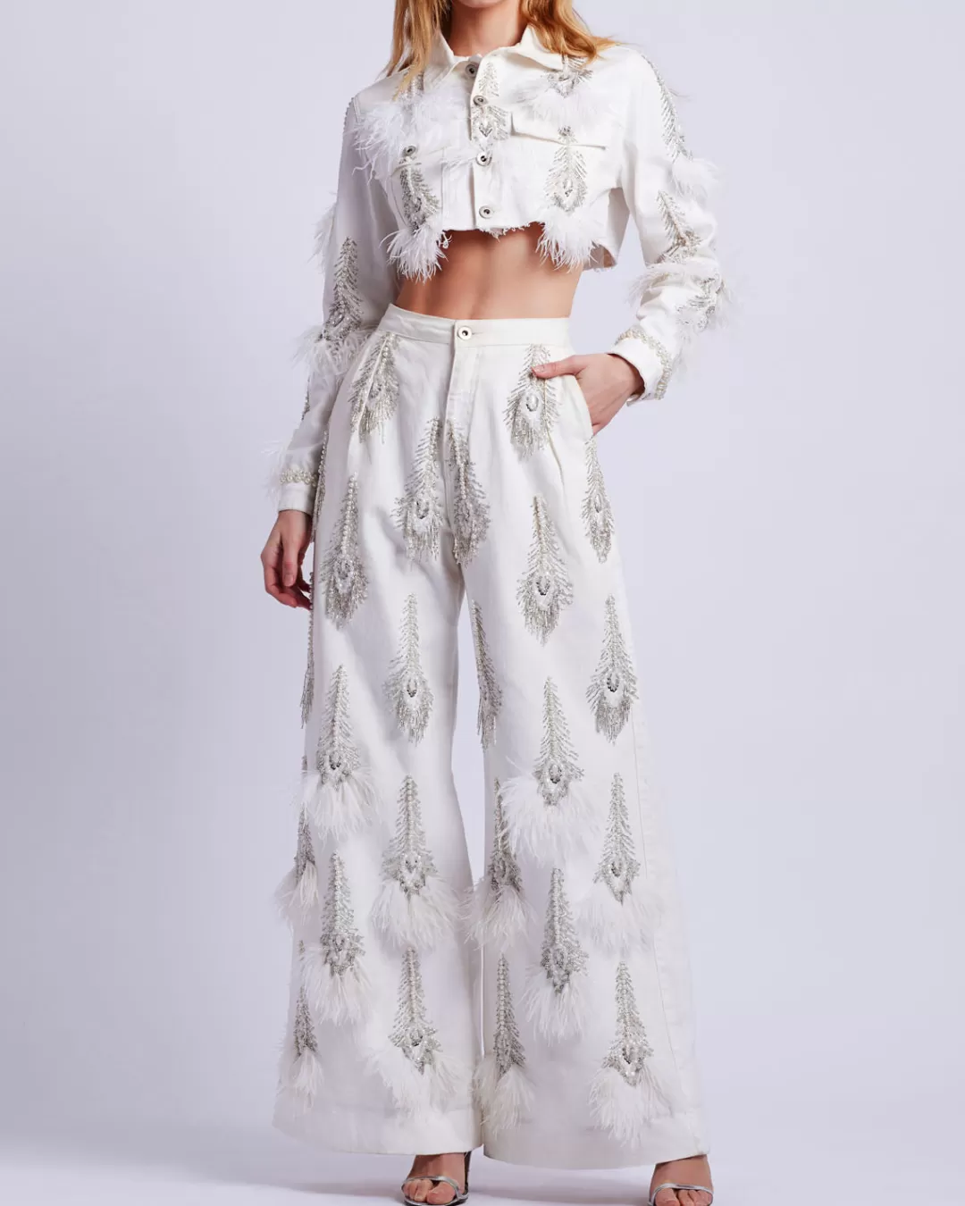PatBO Hand-Beaded Denim and Feather Jeans (FINAL SALE) White Best Sale