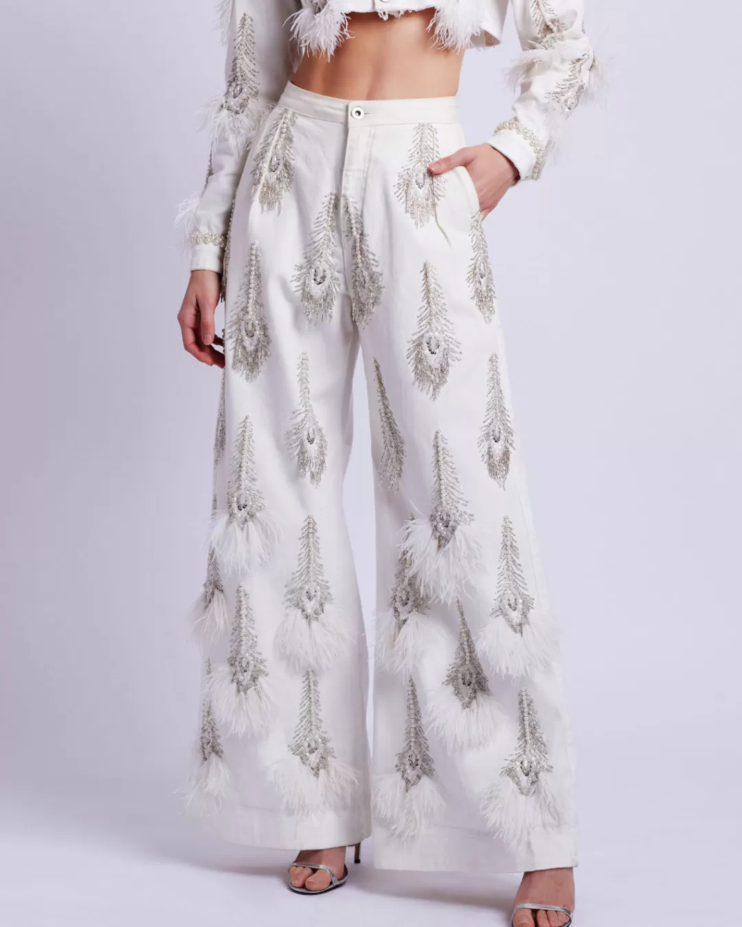 PatBO Hand-Beaded Denim and Feather Jeans (FINAL SALE) White Best Sale