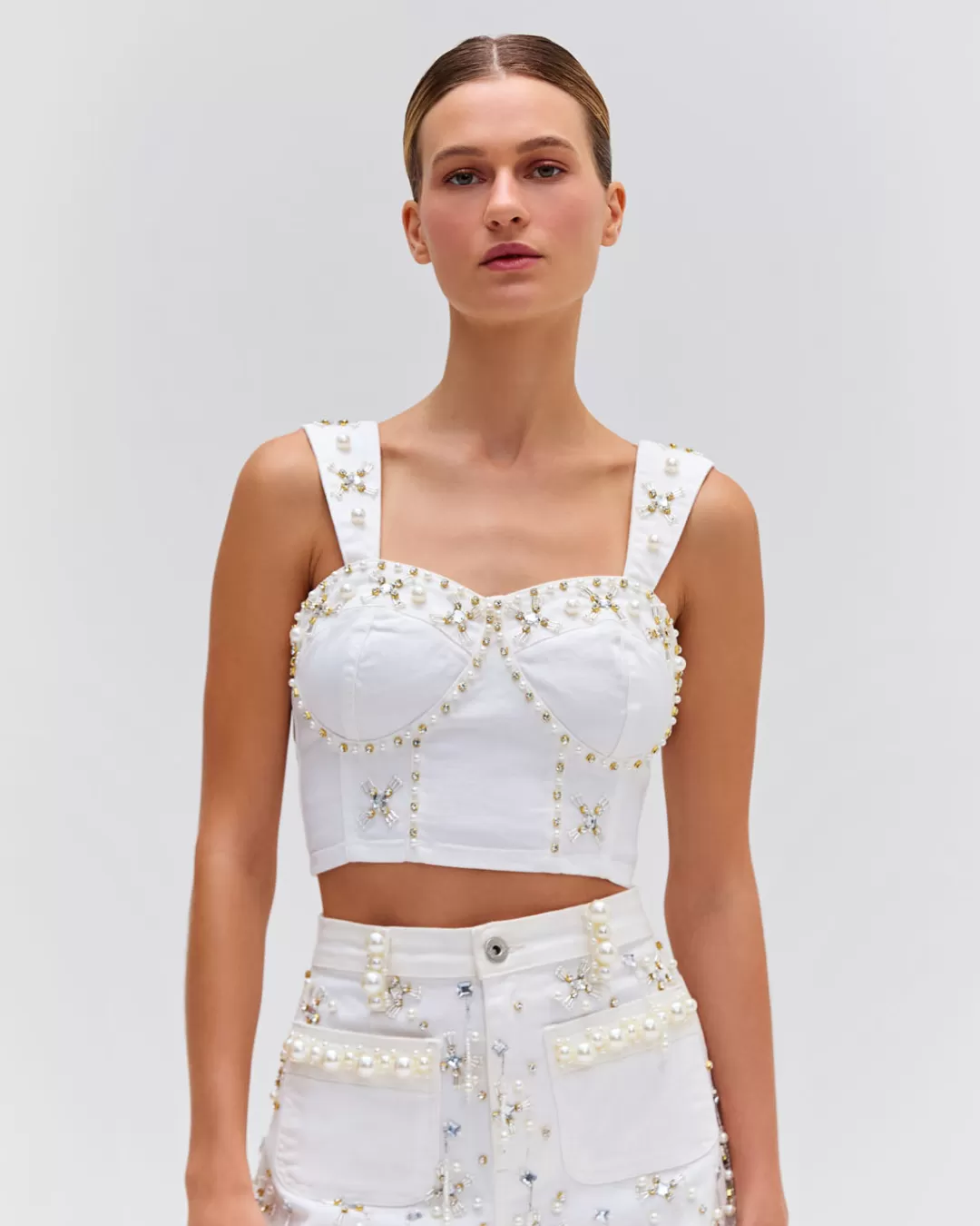 PatBO Hand-beaded Denim Top (FINAL SALE) White Discount
