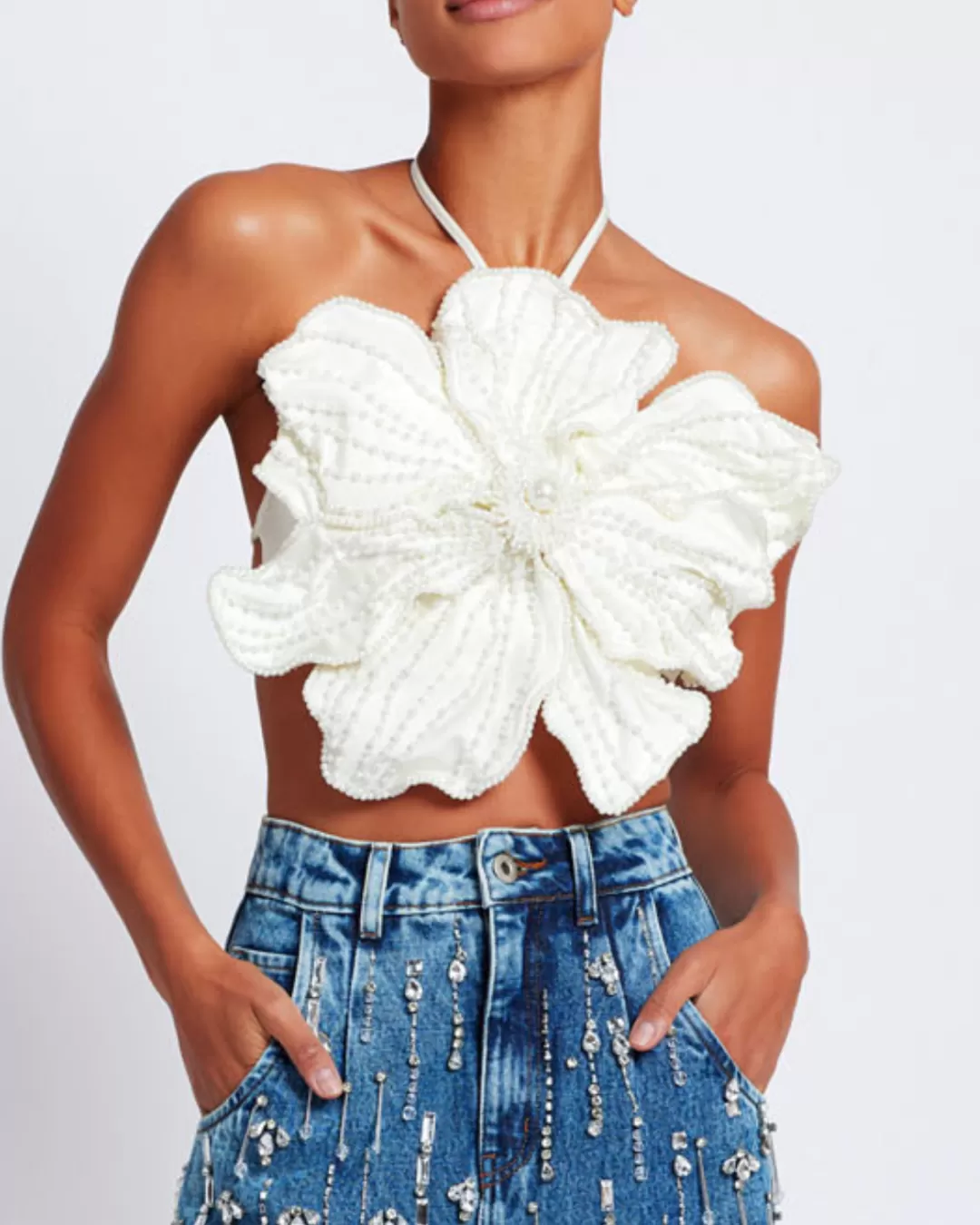 PatBO HAND-BEADED FLOWER TOP White Hot