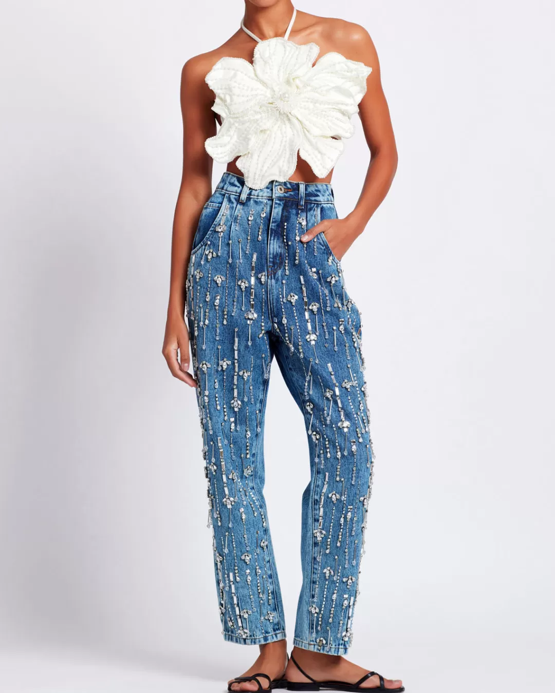 PatBO HAND-BEADED FLOWER TOP White Hot