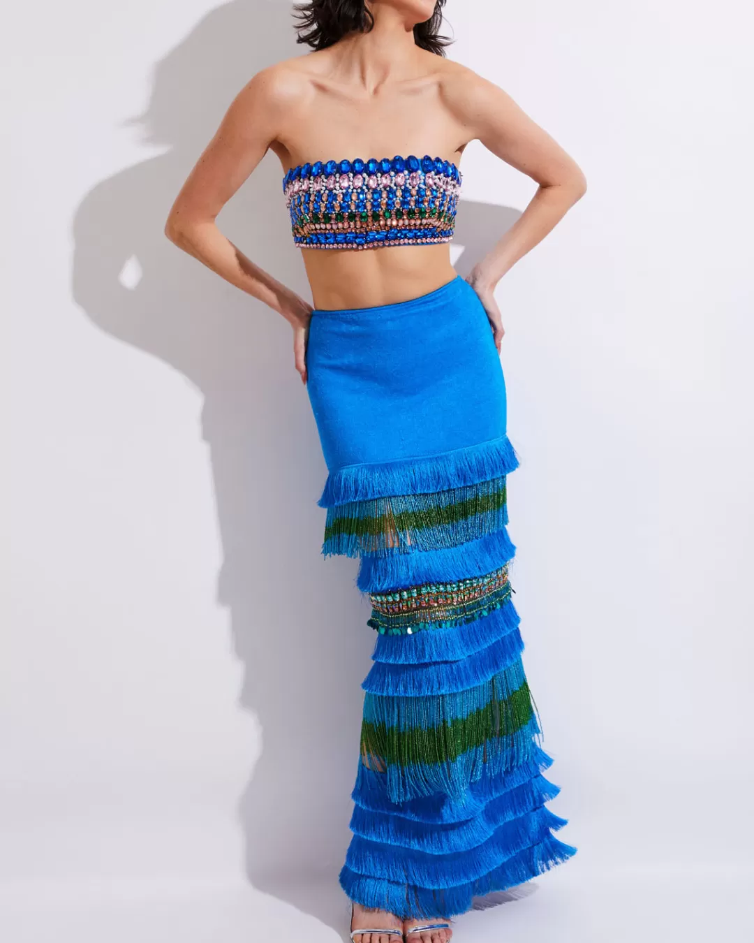 PatBO HAND-BEADED FRINGE TRIM MAXI SKIRT (FINAL SALE) Blue Sale