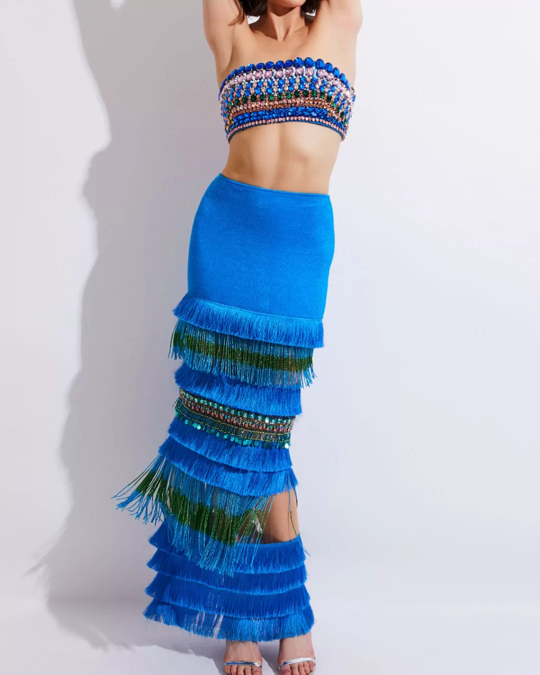 PatBO HAND-BEADED FRINGE TRIM MAXI SKIRT (FINAL SALE) Blue Sale