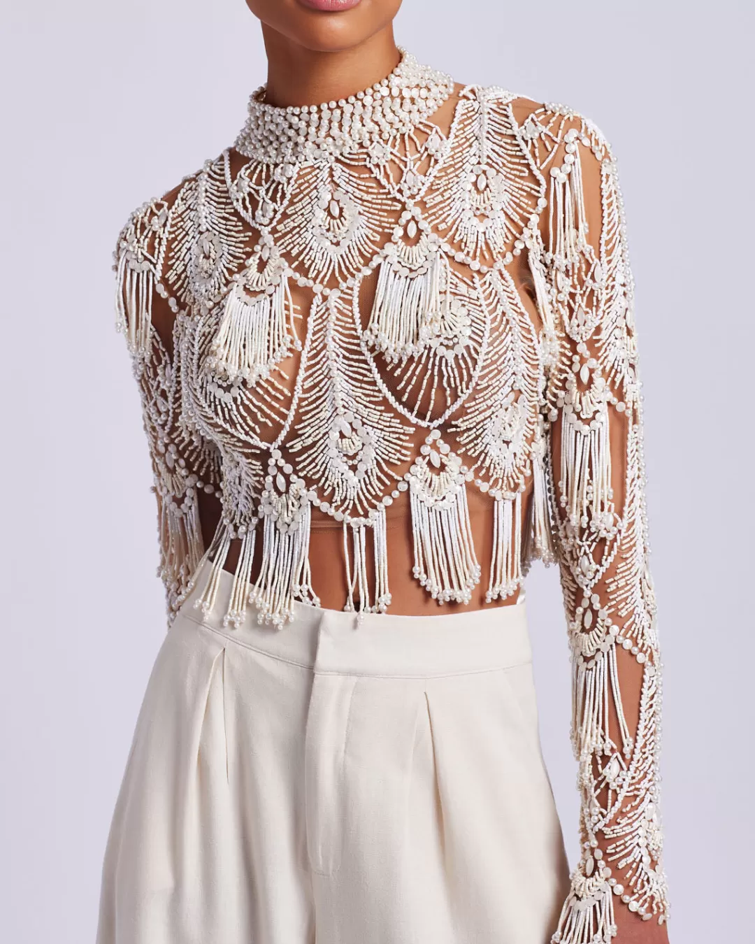 PatBO Hand-Beaded High Neck Top (EXCLUSIVE) White Cheap