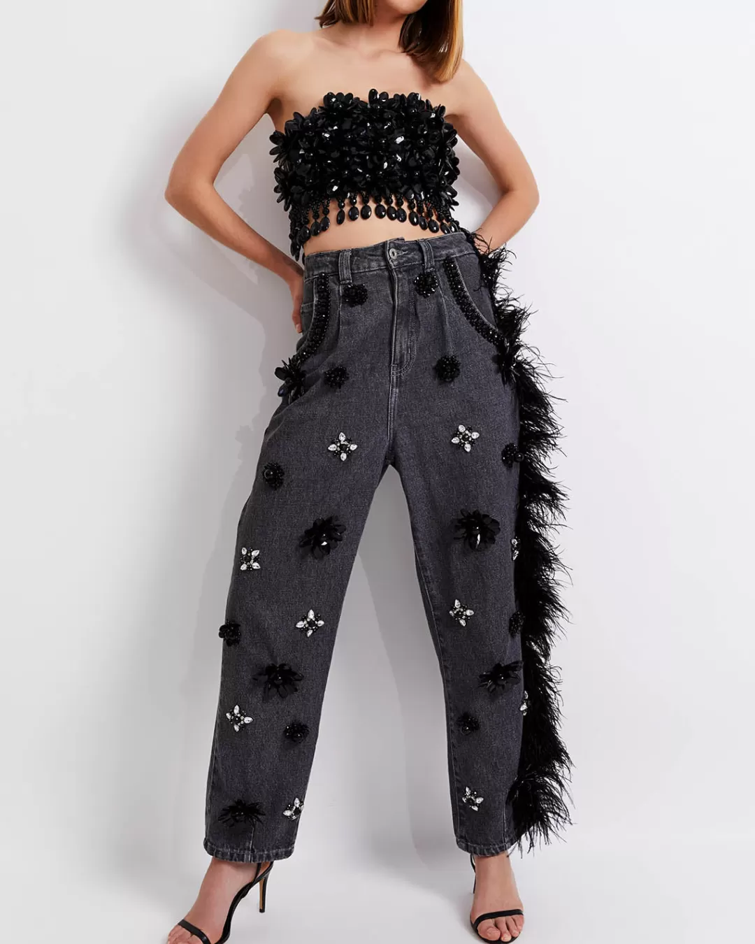 PatBO HAND-BEADED JEANS WITH FEATHER TRIM (FINAL SALE) Black New