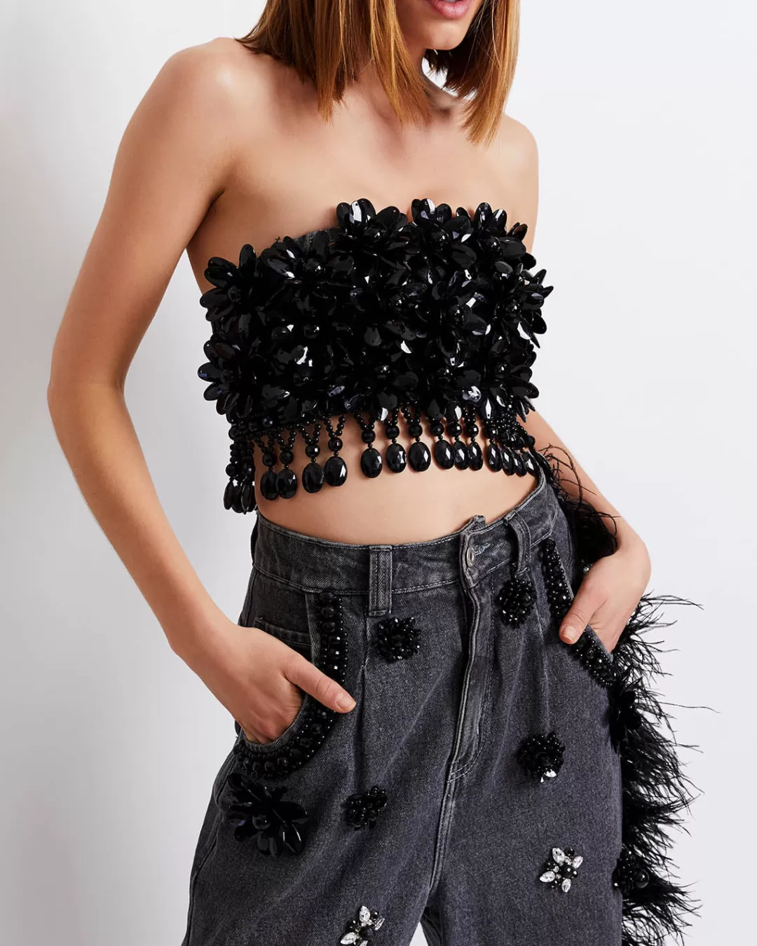 PatBO HAND-BEADED JEANS WITH FEATHER TRIM (FINAL SALE) Black New
