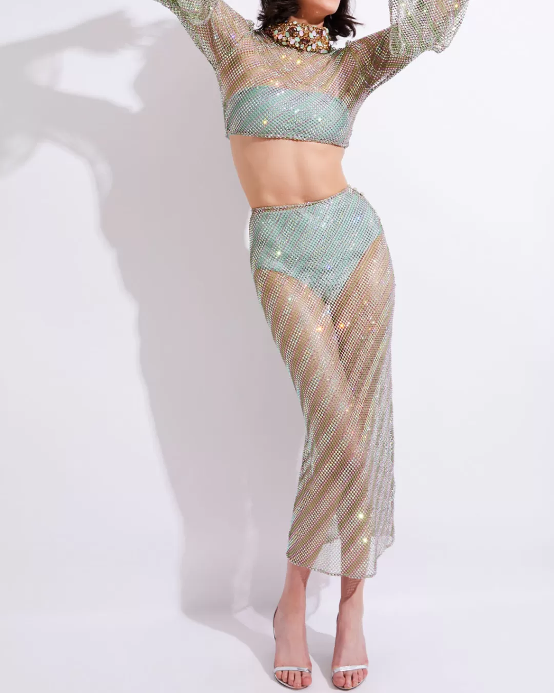 PatBO Hand-Beaded Rhinestone Netted Top (EXCLUSIVE) (FINAL SALE) Greenstripe Fashion