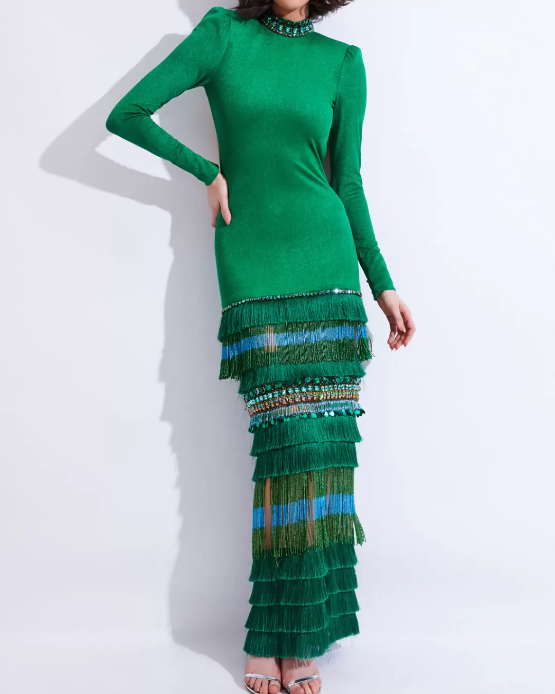 PatBO HIGH NECK MAXI DRESS WITH BEADED FRINGE (FINAL SALE) Emerald Outlet