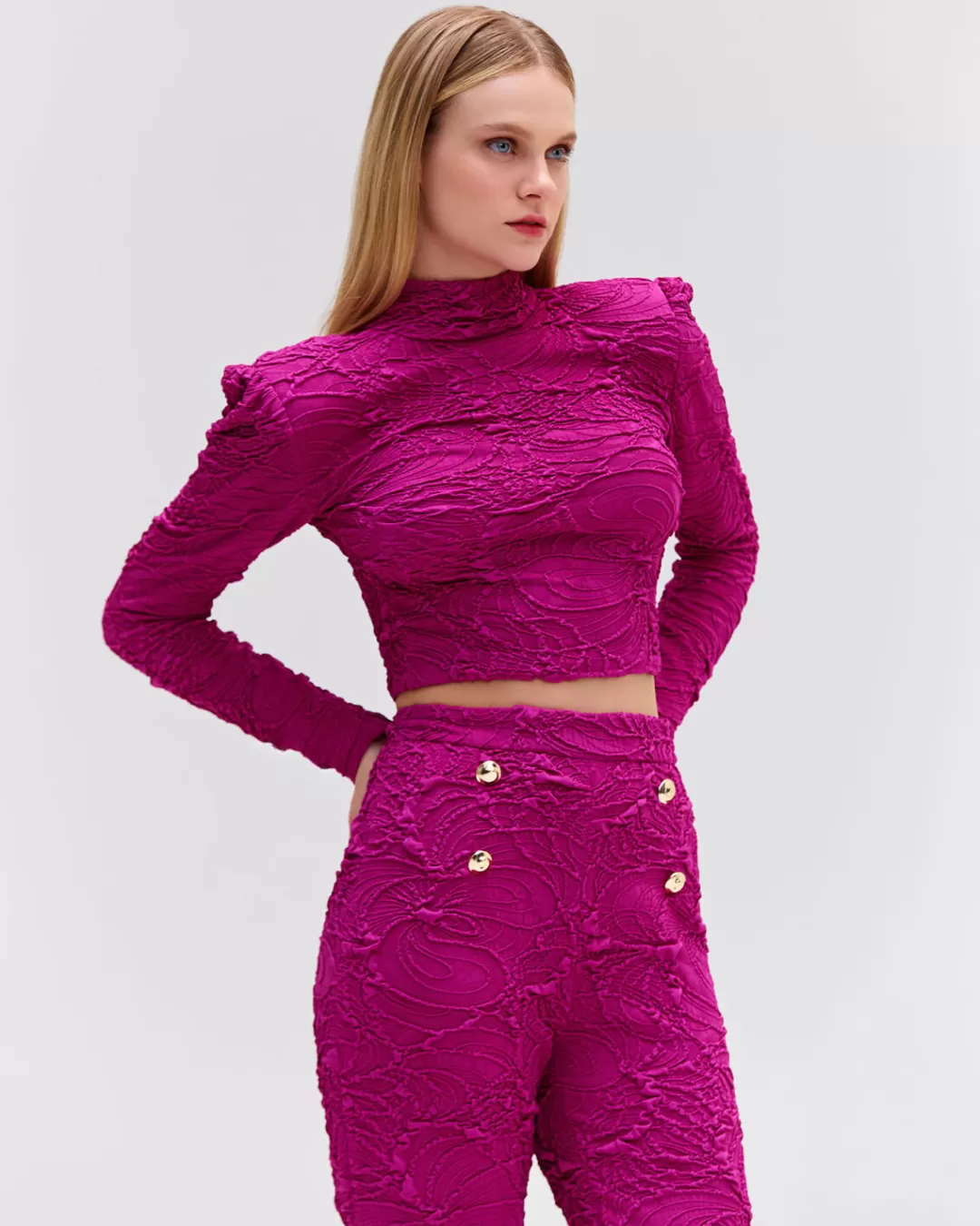 PatBO Jacquard Mock Neck Cropped Top Raspberry Discount