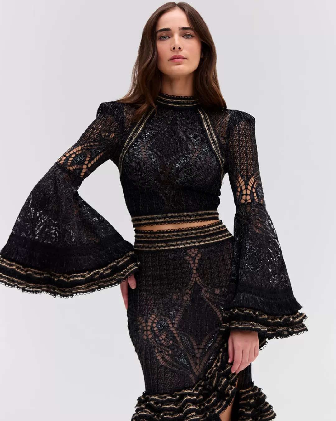 PatBO LACE AND FRINGE BELL SLEEVE TOP Black Outlet