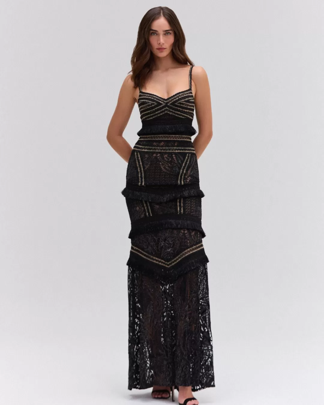 PatBO LACE AND FRINGE MAXI DRESS Black Sale