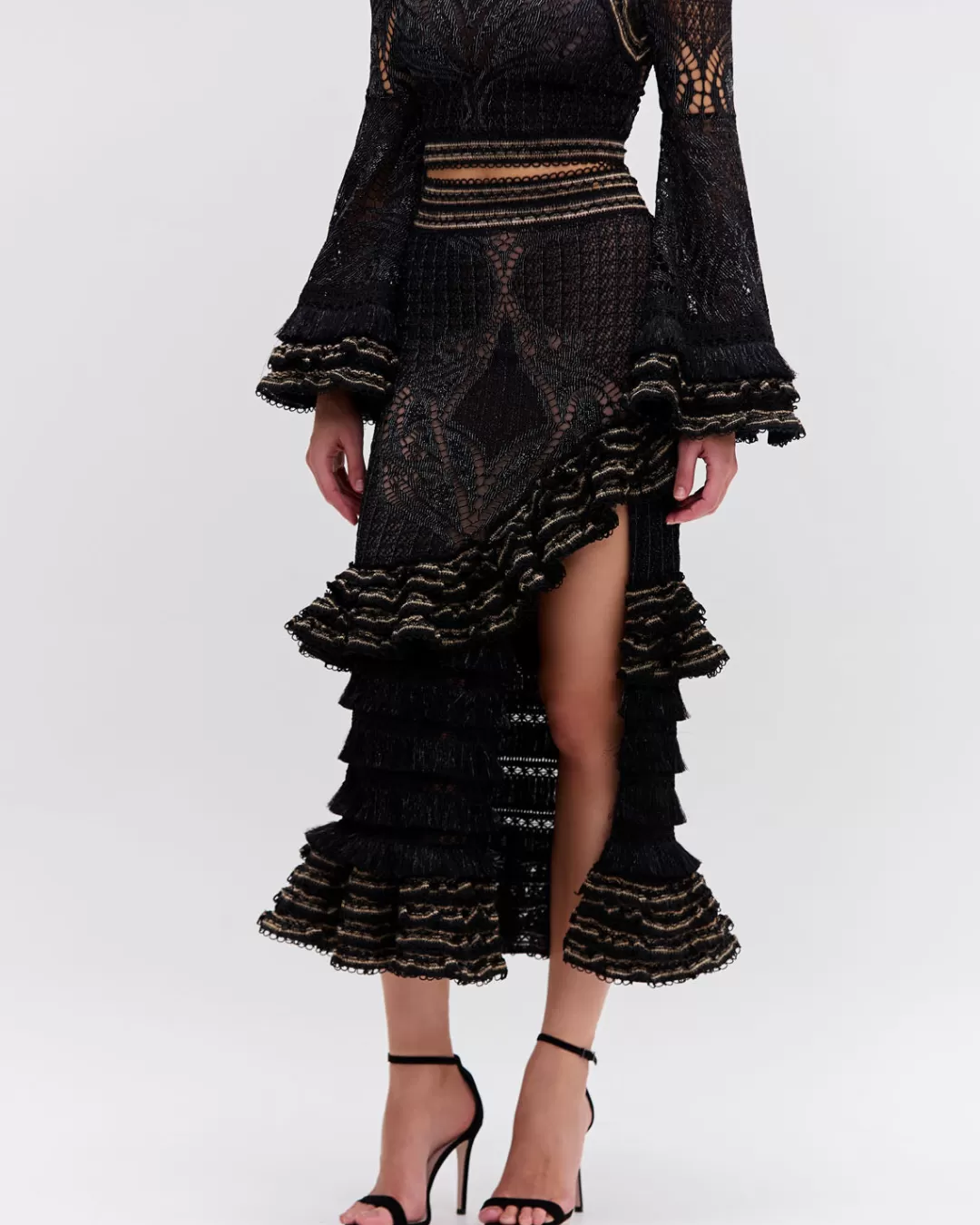 PatBO LACE AND FRINGE MAXI SKIRT Black Flash Sale