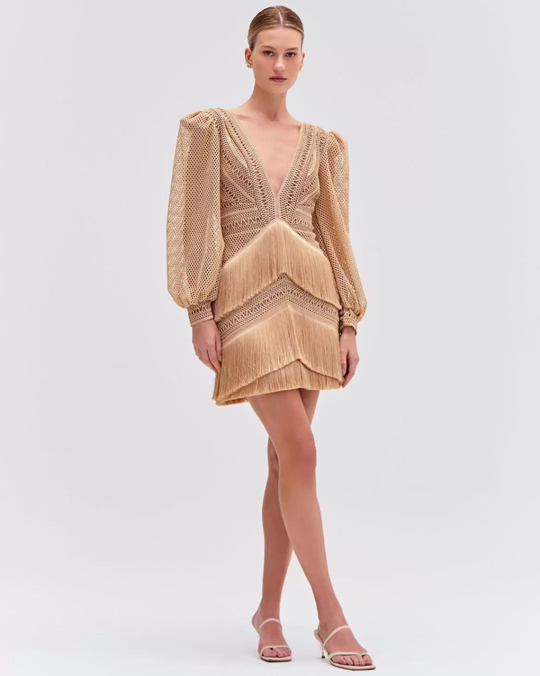 PatBO Long Sleeve Fringe Mini Dress Gold Flash Sale