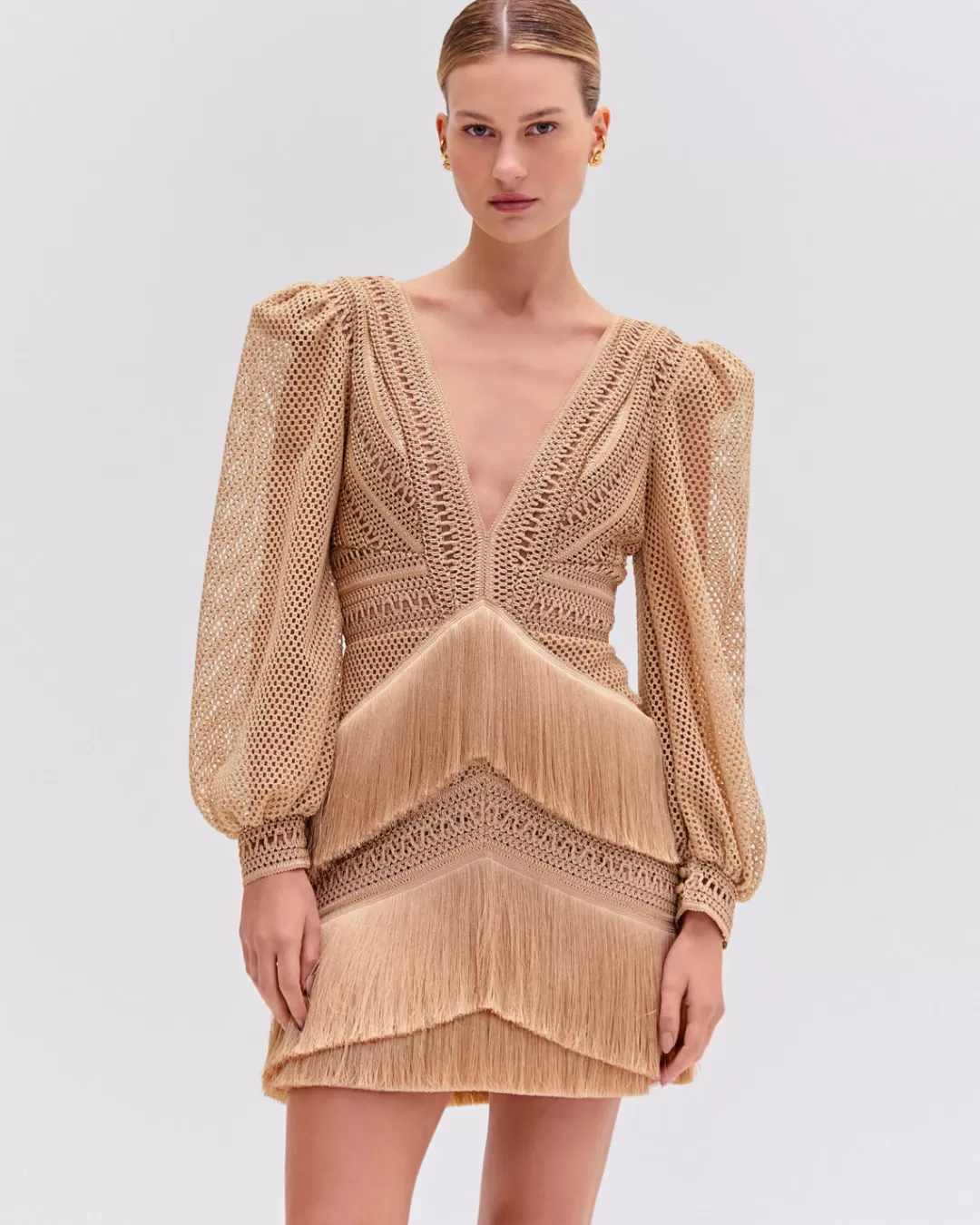 PatBO Long Sleeve Fringe Mini Dress Gold Flash Sale