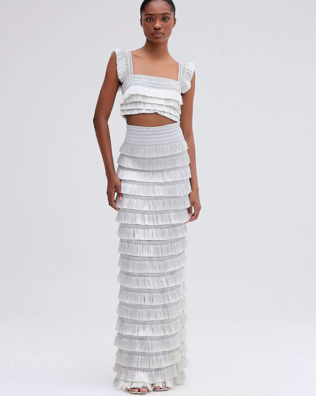 PatBO Metallic Fringe Maxi Skirt Silver Shop