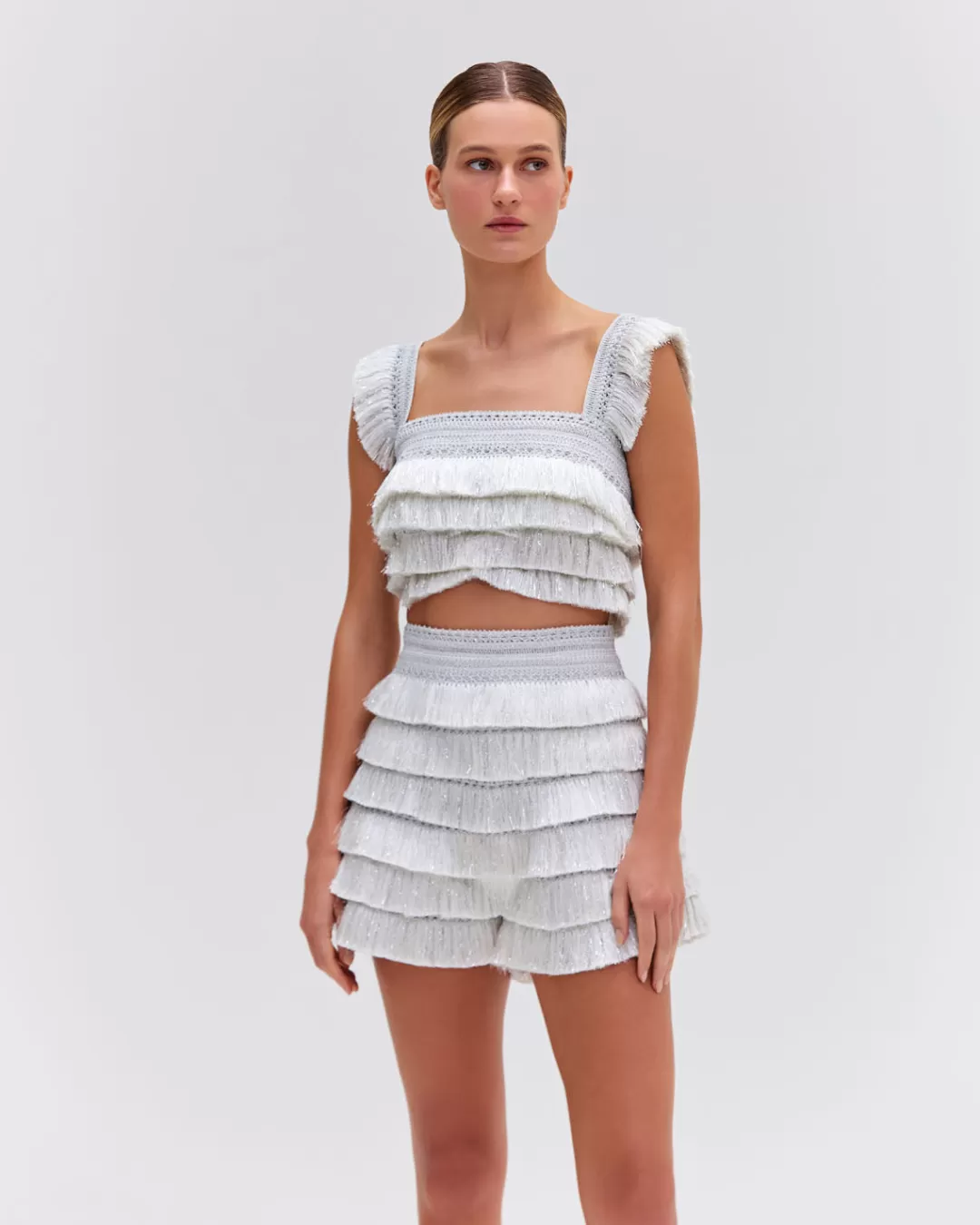 PatBO Metallic Fringe Shorts Silver Cheap