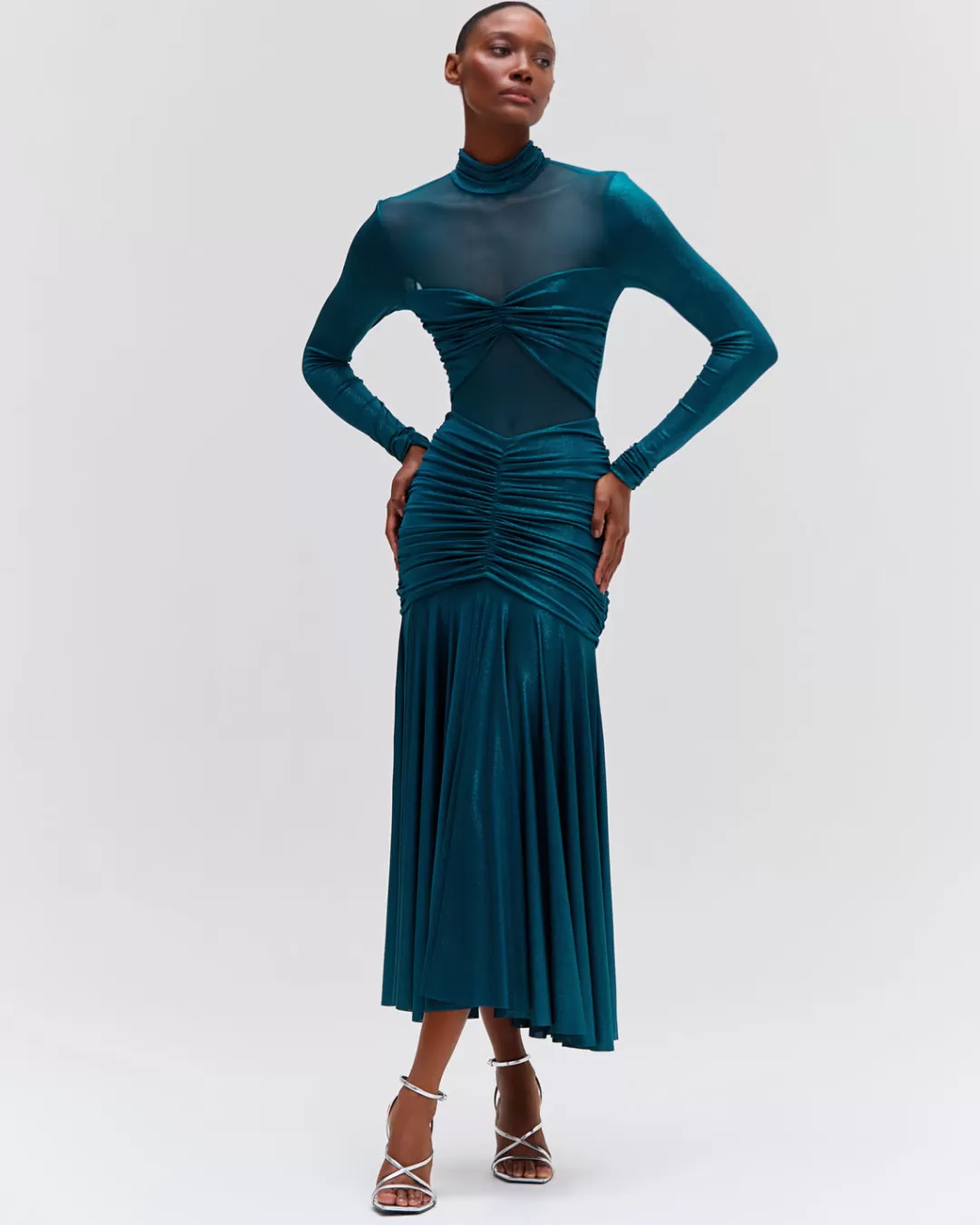 PatBO Metallic Jersey and Tulle Midi Dress Emerald Best