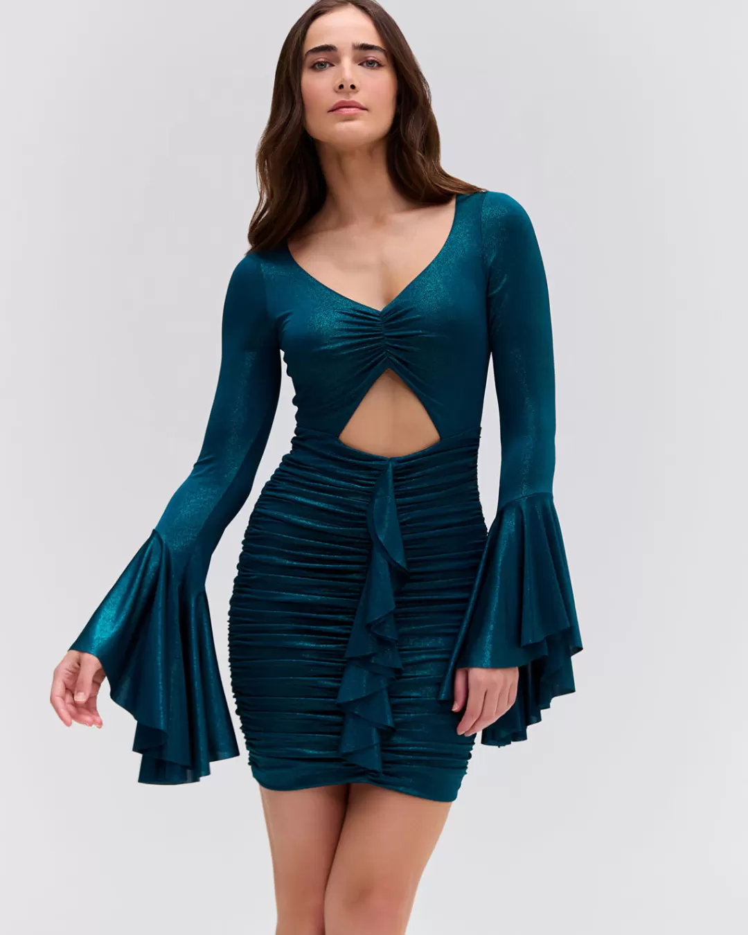 PatBO Metallic Jersey Bell Sleeve Mini Dress (EXCLUSIVE) Emerald Discount