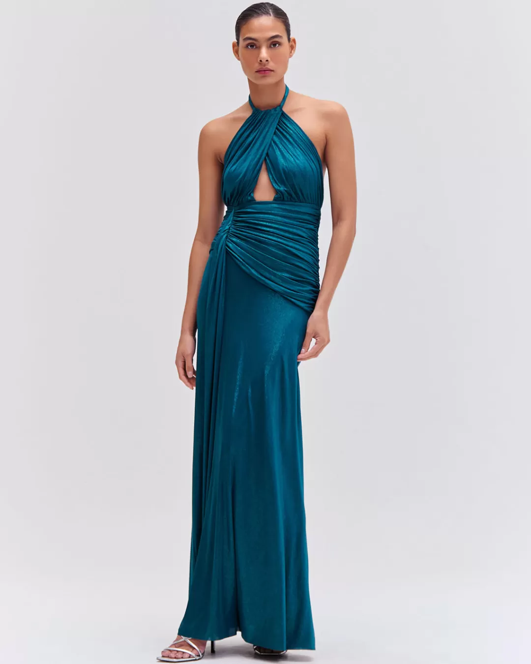 PatBO Metallic Jersey Halterneck Maxi Dress Emerald New