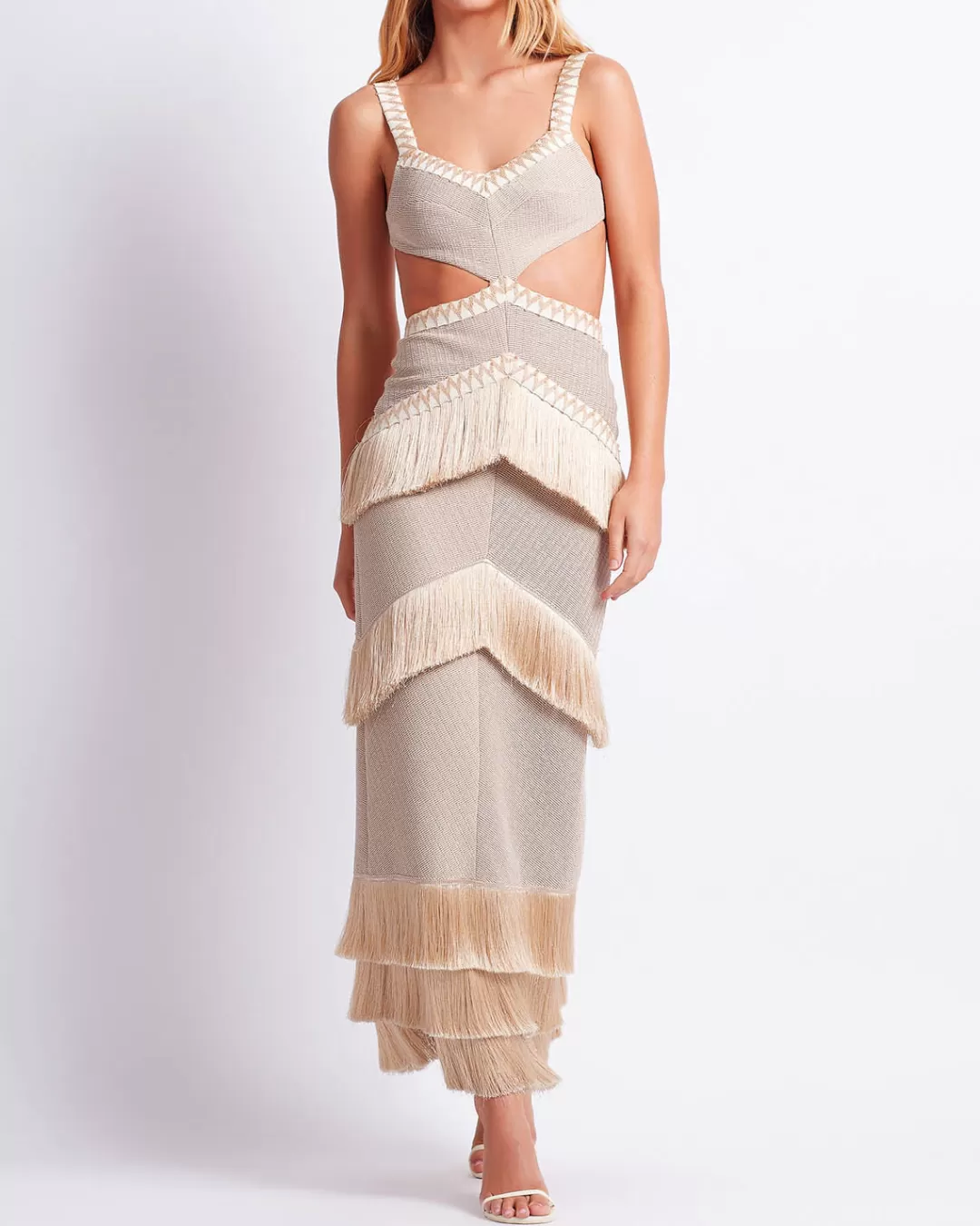 PatBO Metallic Knit Maxi Dress with Fringe Trim Clay Hot