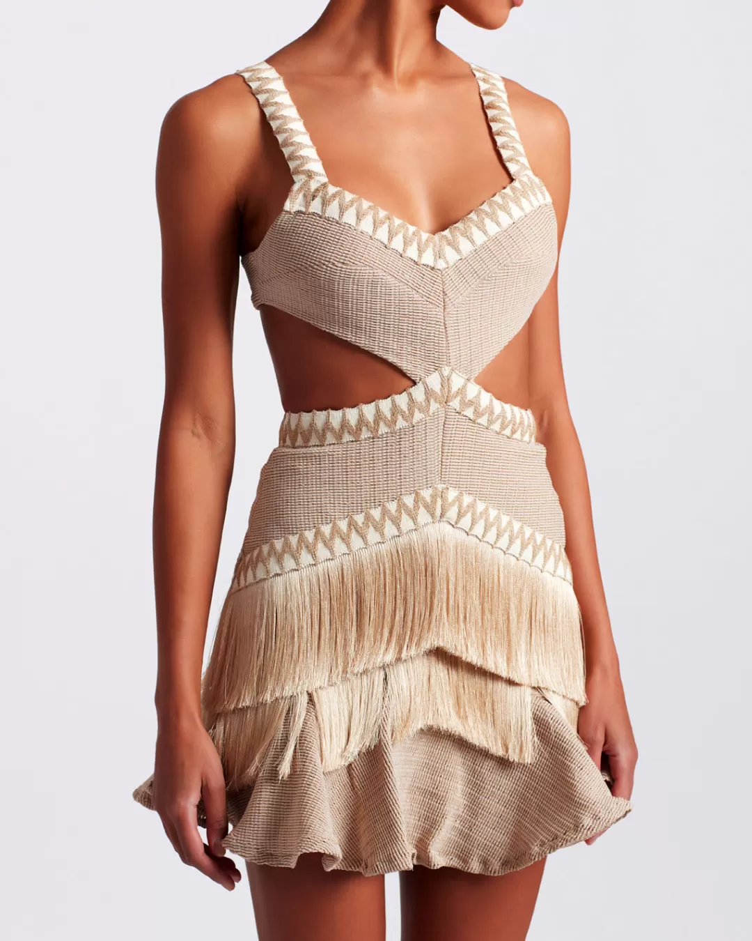 PatBO Metallic Knit Mini Dress with Fringe Trim Clay Discount
