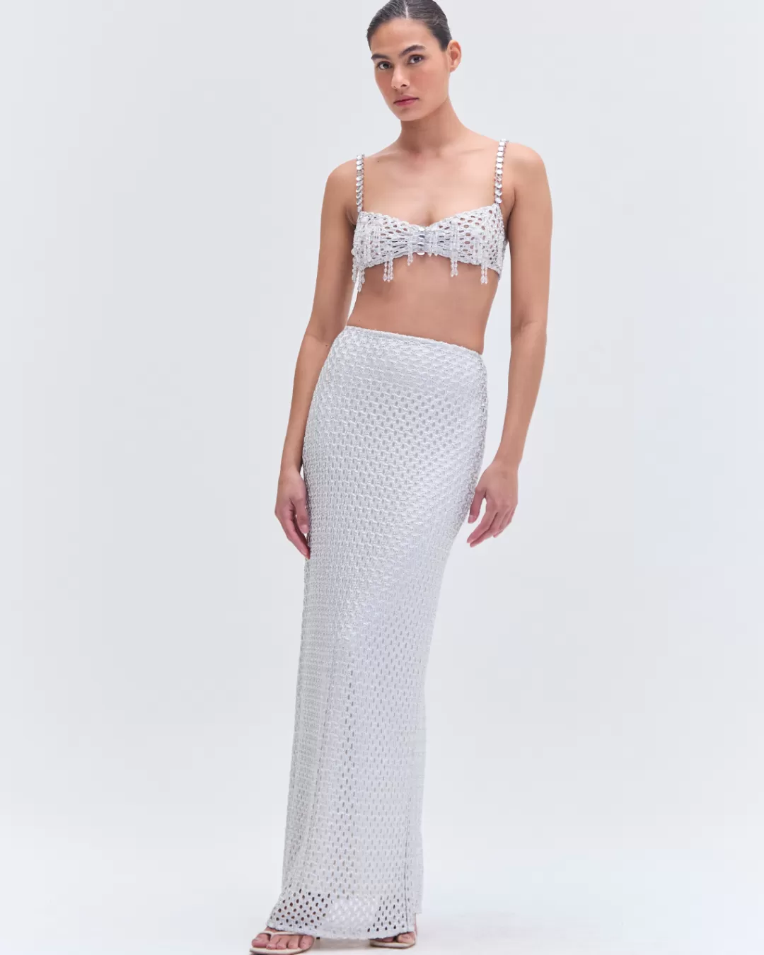 PatBO Metallic Macramé Pencil Skirt (RUNWAY) Silver Outlet