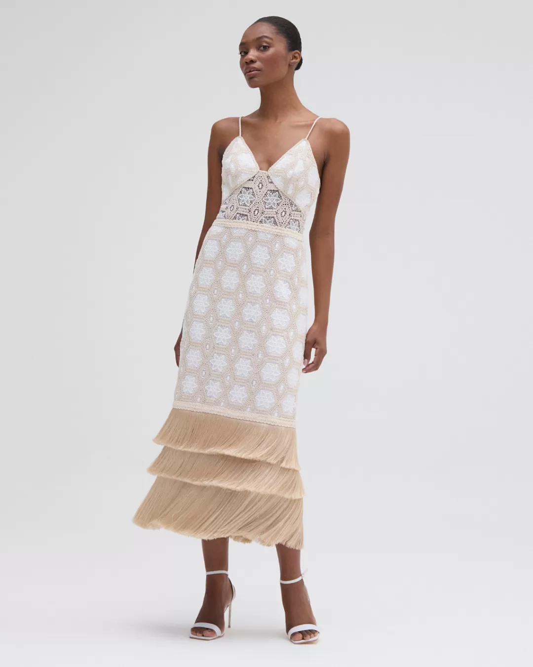 PatBO NATURAL CROCHET PLUNGE MIDI DRESS Offwhite Online