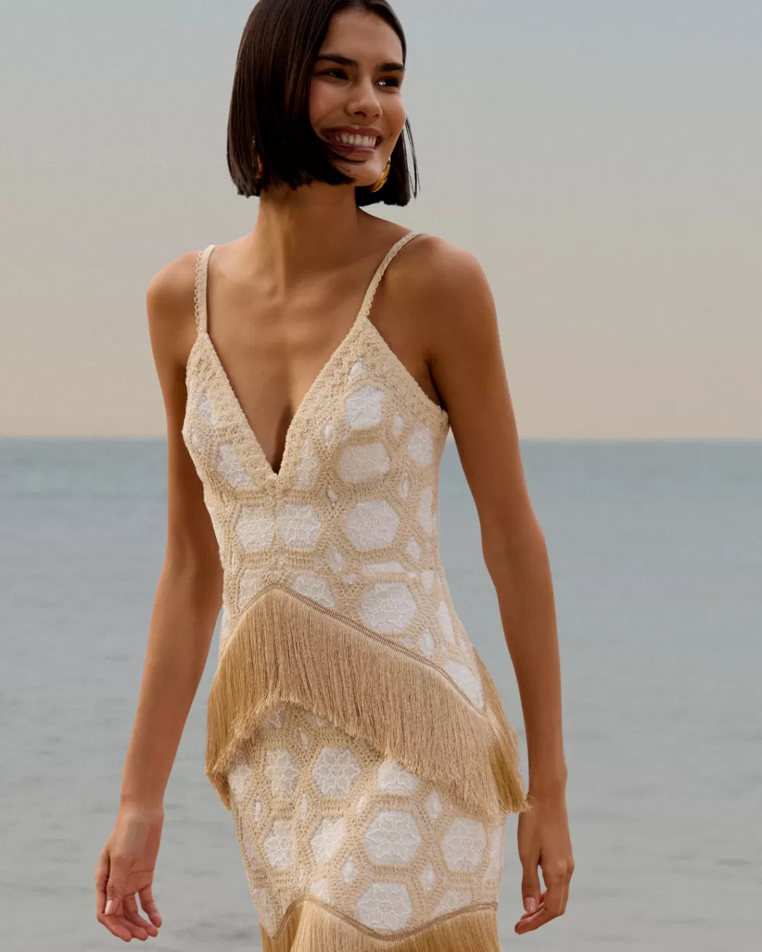 PatBO NATURAL CROCHET PLUNGE MINI DRESS Offwhite Online