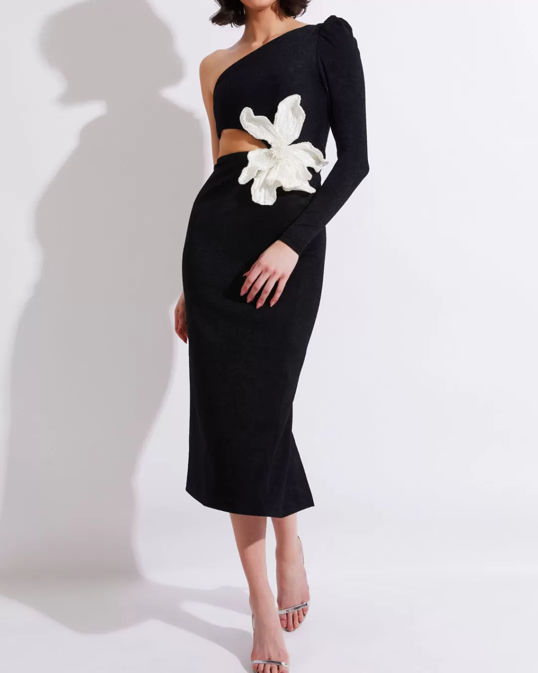PatBO ONE SHOULDER MAXI DRESS WITH FLOWER APPLIQUE Black Online