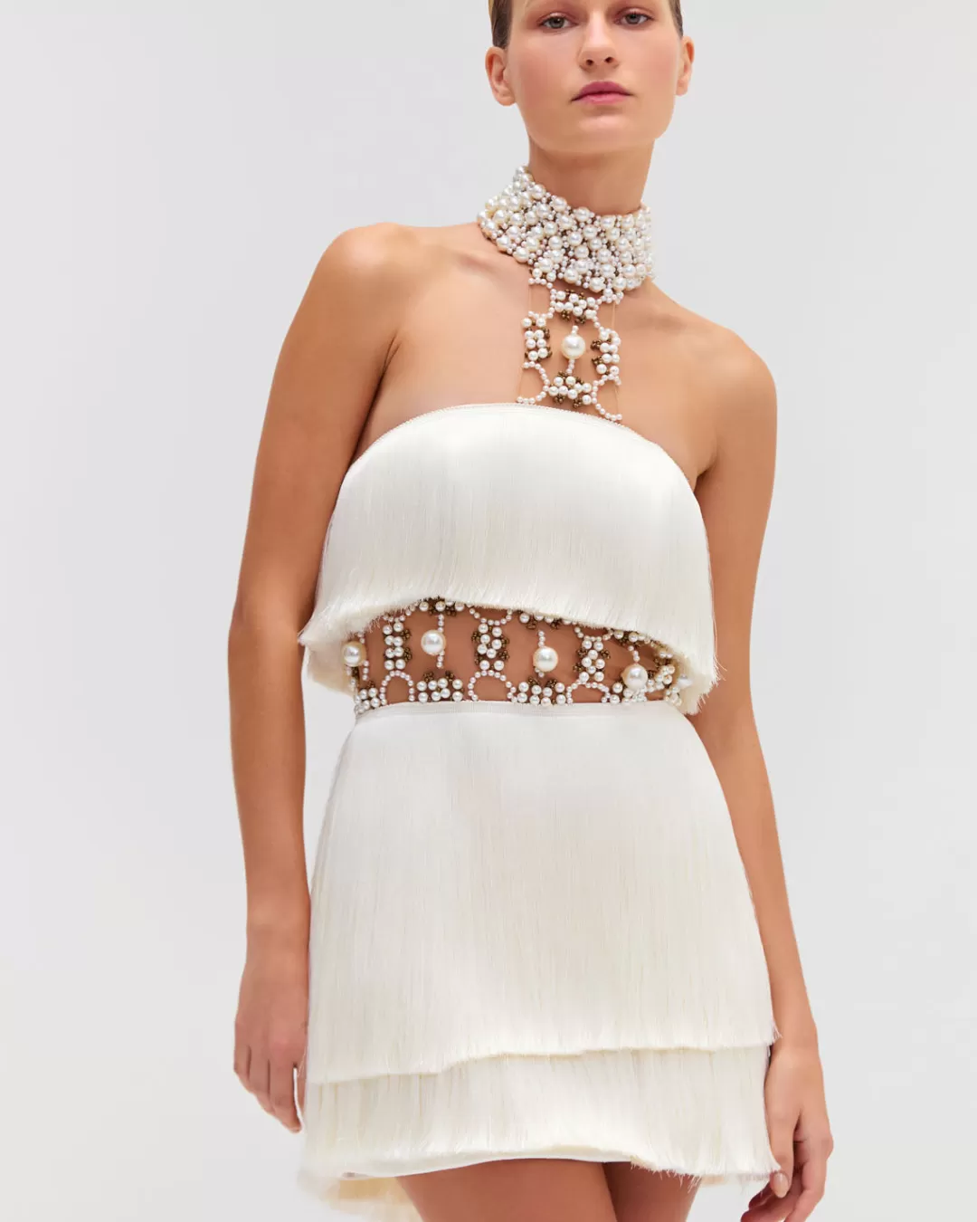PatBO PEARL AND FRINGE HALTERNECK MINI DRESS (EXCLUSIVE) White Store
