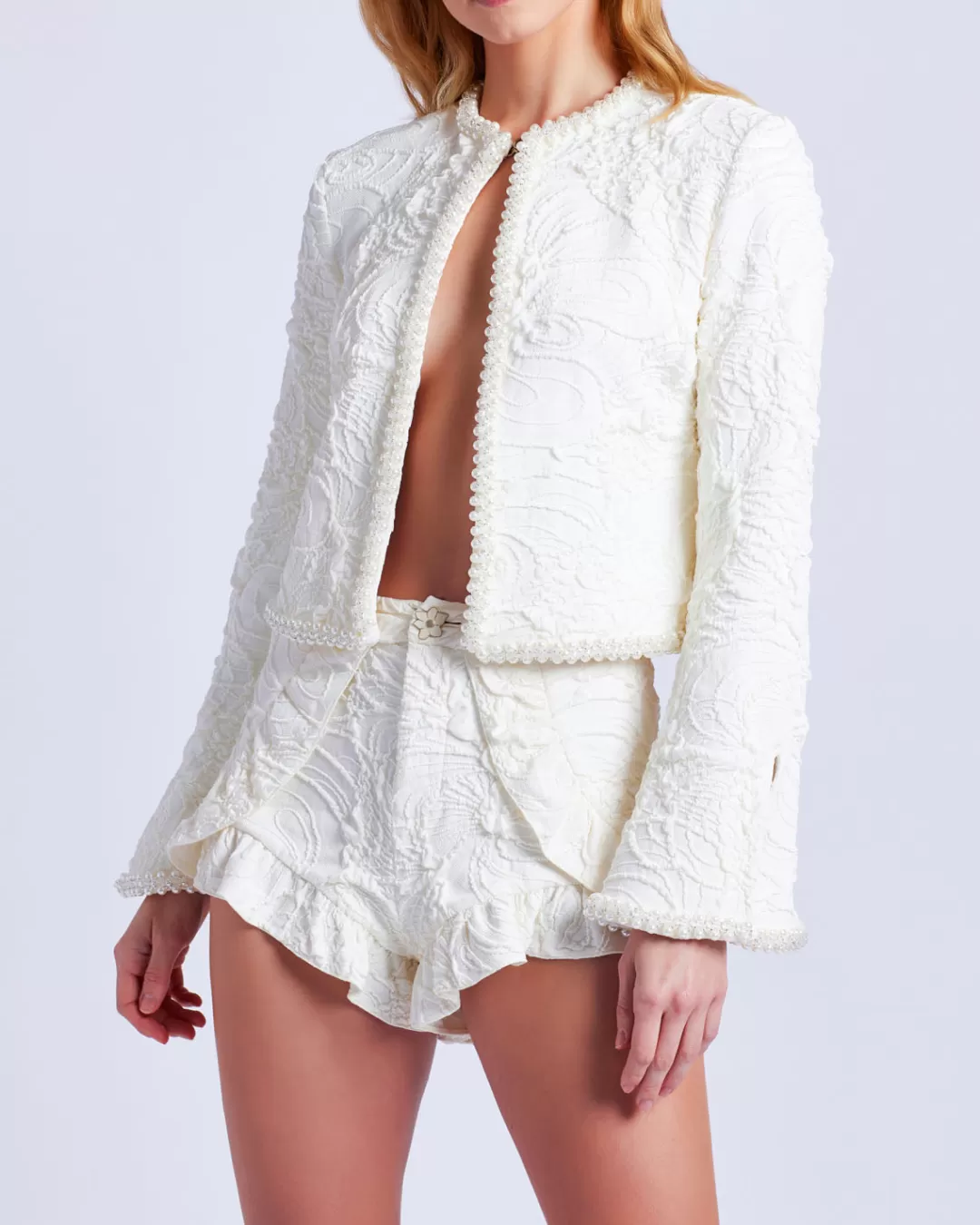 PatBO Pearl-Beaded Jacquard Jacket White Cheap